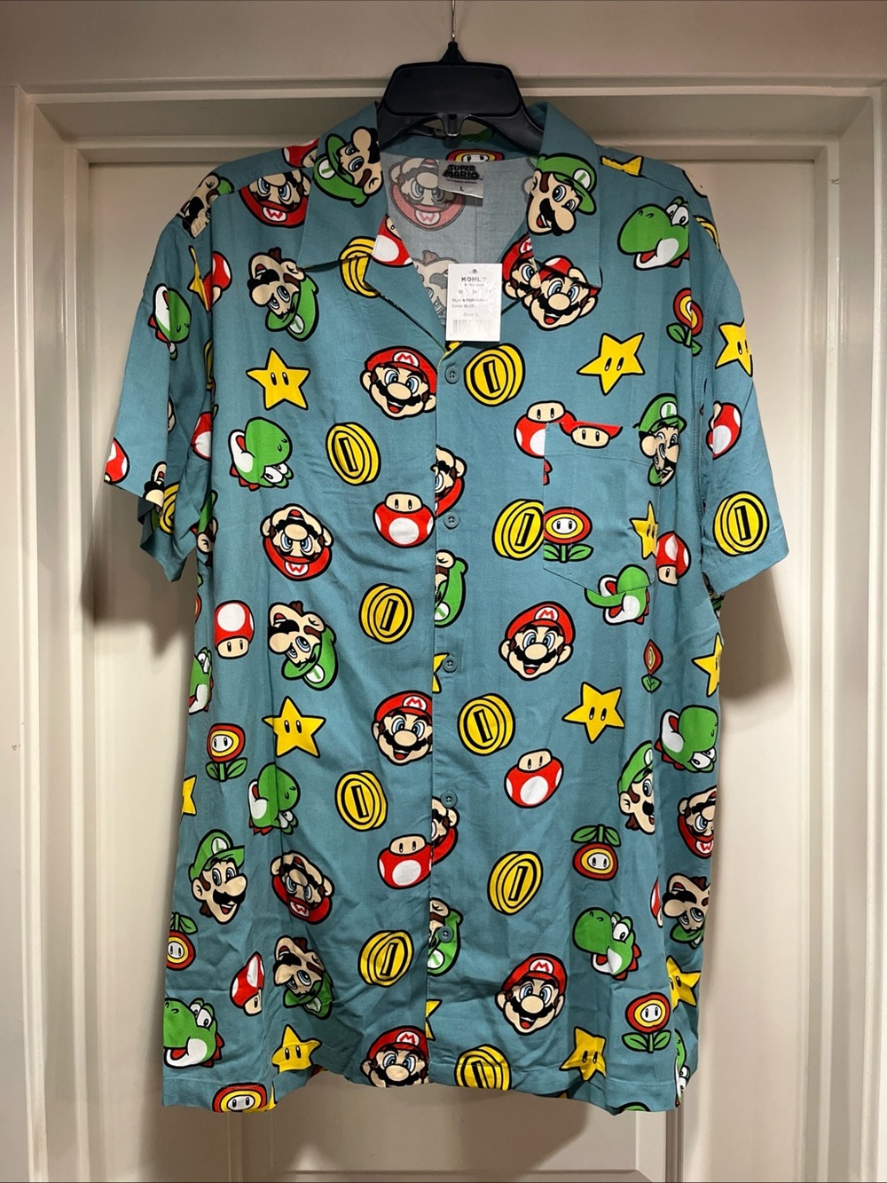 Mens Large Super Mario Multi Character Short Sleeve Button Down Shirt Nintendo
